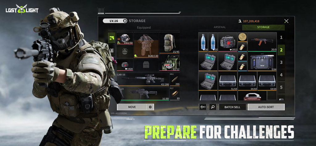 Lost Light: Weapon Skin Treat - Schermata di gestione dell'inventario del gioco mobile Lost Light che mostra equipaggiamento tattico e deposito