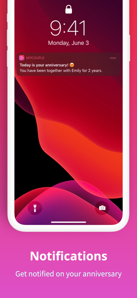 MyCouple - Love Calculator - iPhone lock screen showing an anniversary reminder notification from the MyCouple app.