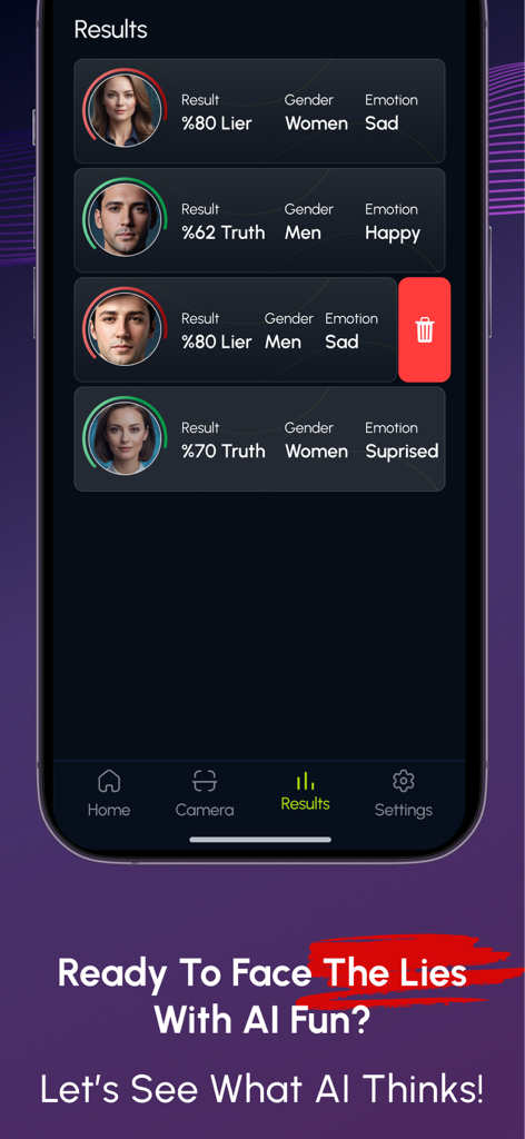 AI Lie Detector: Truth Test - A history list of truth and lie test results showing percentage scores and facial emotion analysis