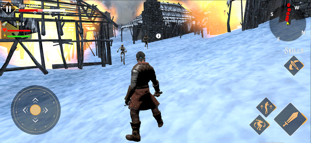 Undead: Sword Fighting Games - A warrior stands in a snowy ruined village facing skeleton enemies in the game Undead Sword Fighting Games