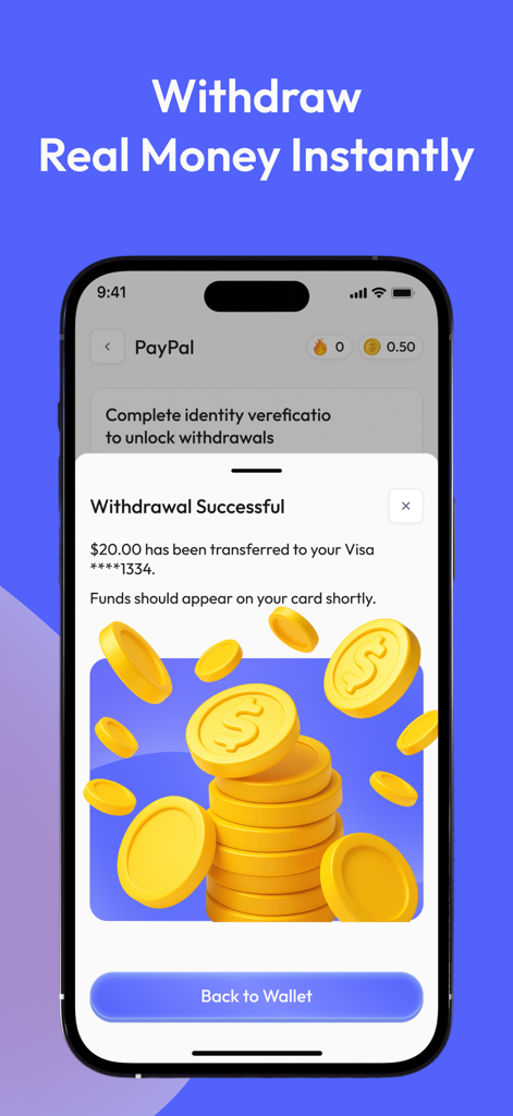 A mobile phone screen displaying a successful withdrawal notification of twenty dollars from the Sudoku Cash app to a Visa card with golden coin graphics.
