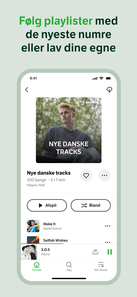 YouSee Musik app interface showing a curated playlist of new Danish tracks with play and shuffle buttons