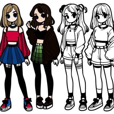 one girl with crop-top shirt and a jacket with a skirt, long socks and another girl with a shirt and pants with a jacket