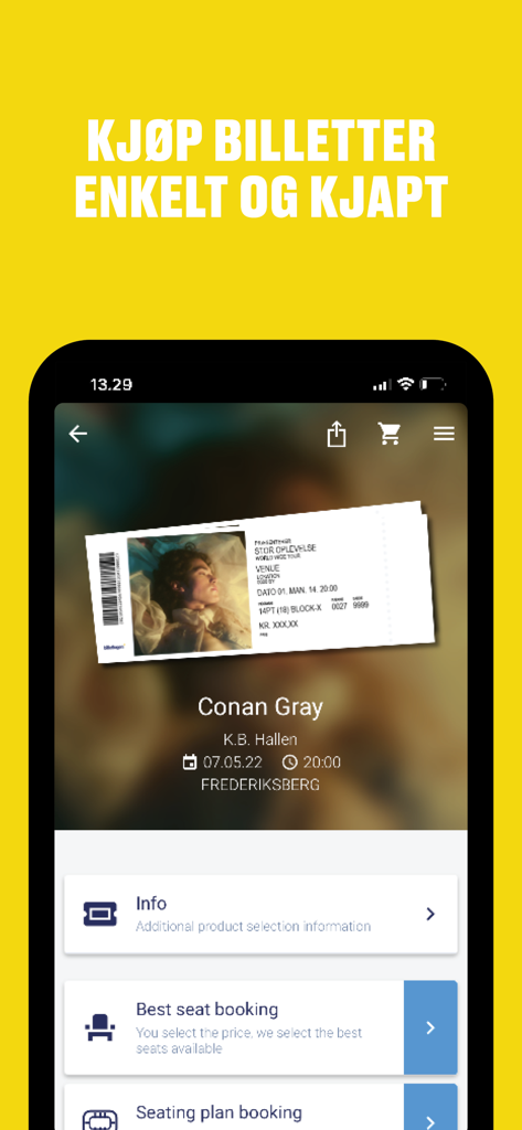 Eventim Norge - Eventim Norge mobile app interface showing concert ticket booking for artist Conan Gray