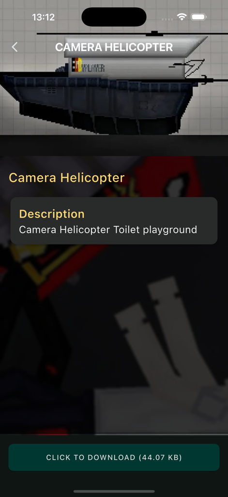 HD Melmods Sandbox Mod - App interface showing details and download option for the Camera Helicopter mod
