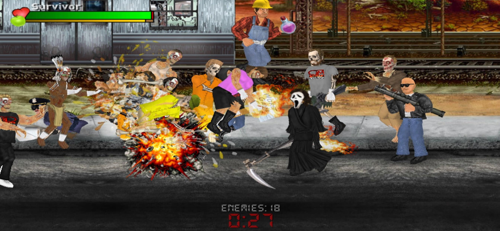 Extra Lives - A chaotic battle scene in the game Extra Lives featuring various characters and an explosion on a subway platform