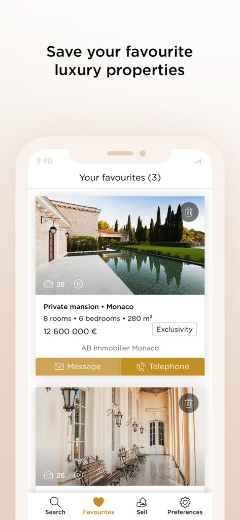 Belles Demeures App-Bildschirm mit einer Liste von gespeicherten Lieblings-Luxusimmobilien, einschließlich einer Privatvilla in Monaco