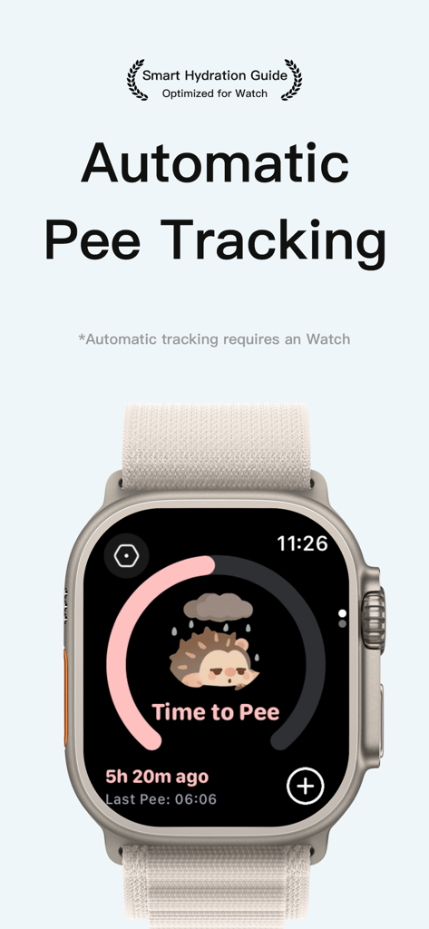 Apple Watch che visualizza l'interfaccia dell'app PeeTime con un promemoria di monitoraggio automatico della minzione