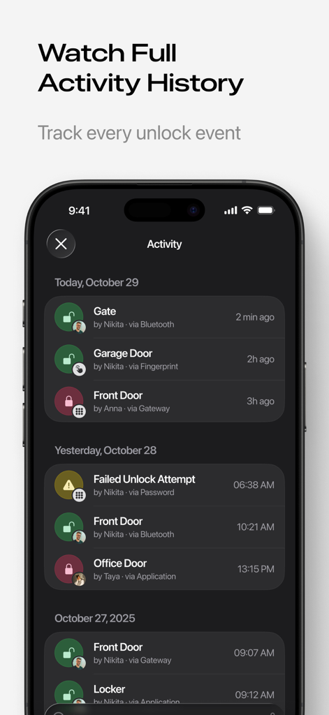 Smart Lock for ttlock - Detailed activity log showing a chronological history of door unlock events by different users in the Smart Lock for TTLock app interface.