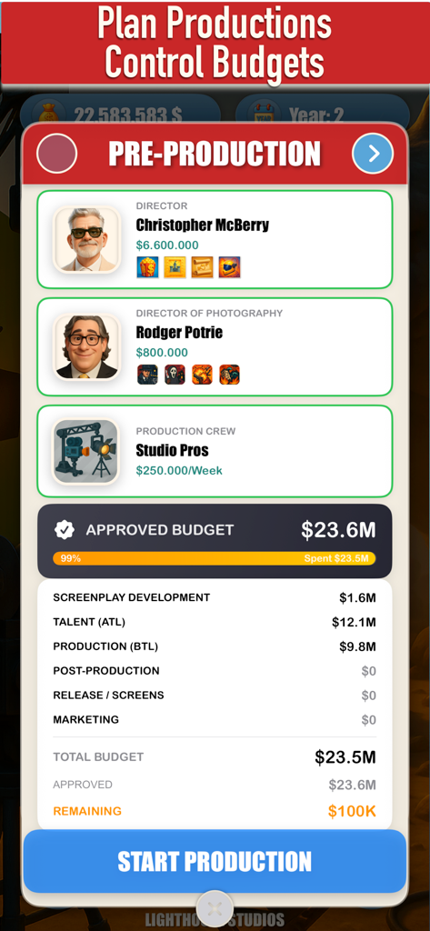 Hollywood - The Movie Tycoon - The pre-production interface of Hollywood The Movie Tycoon showing director selection and budget breakdown