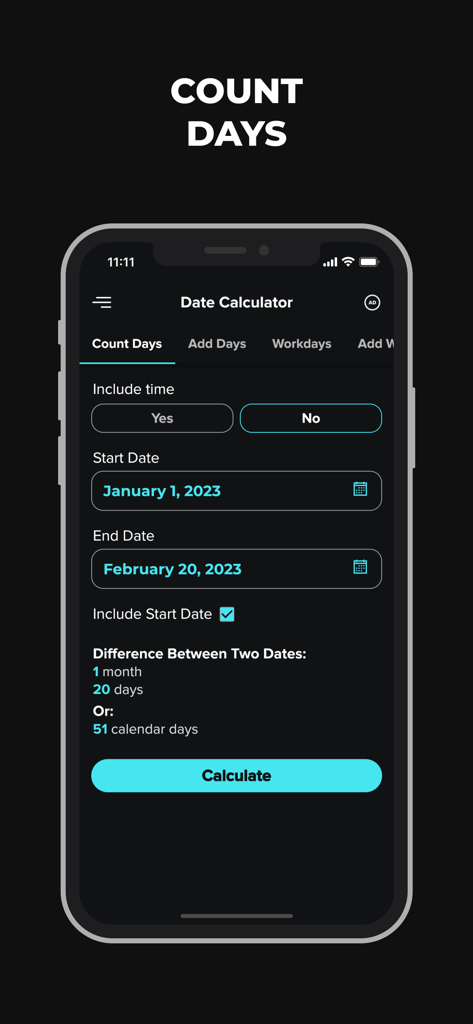 Date & Time Calculator App - Interfaz de la aplicación Calculadora de Fecha y Hora mostrando la función de contar días con un tema oscuro minimalista