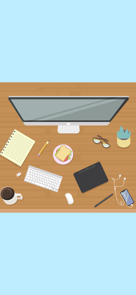 Top down view of a cluttered wooden desk with office supplies and food items to be organized