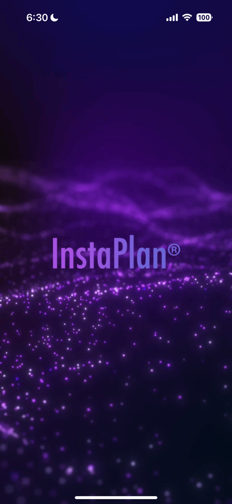 InstaPlan® - InstaPlan app logo on a purple shimmering particle background