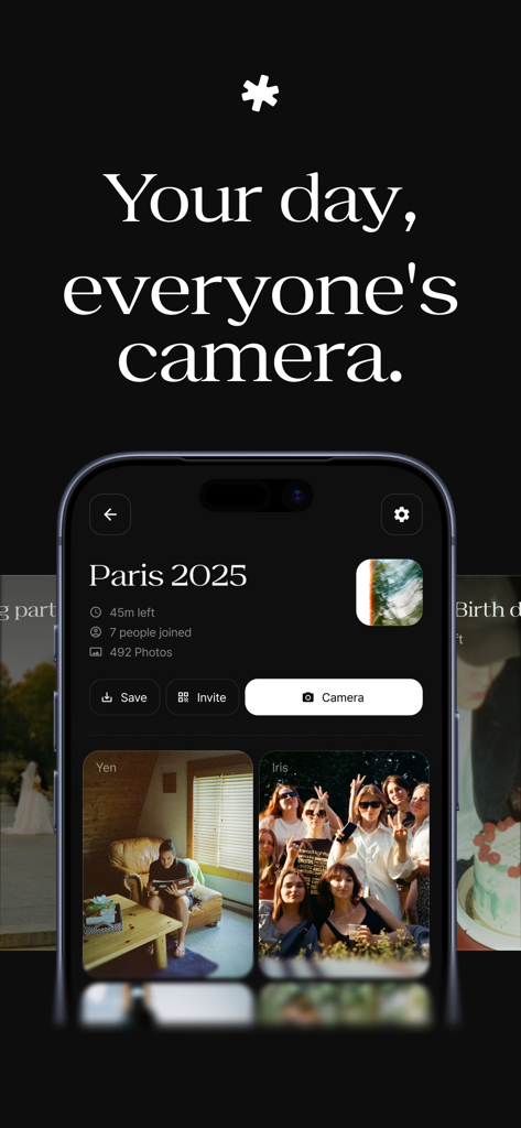 Once - Disposable Camera Event - Interface do aplicativo Once mostrando um evento fotográfico compartilhado para Paris 2025 com fotos de grupo espontâneas em estilo de filme.