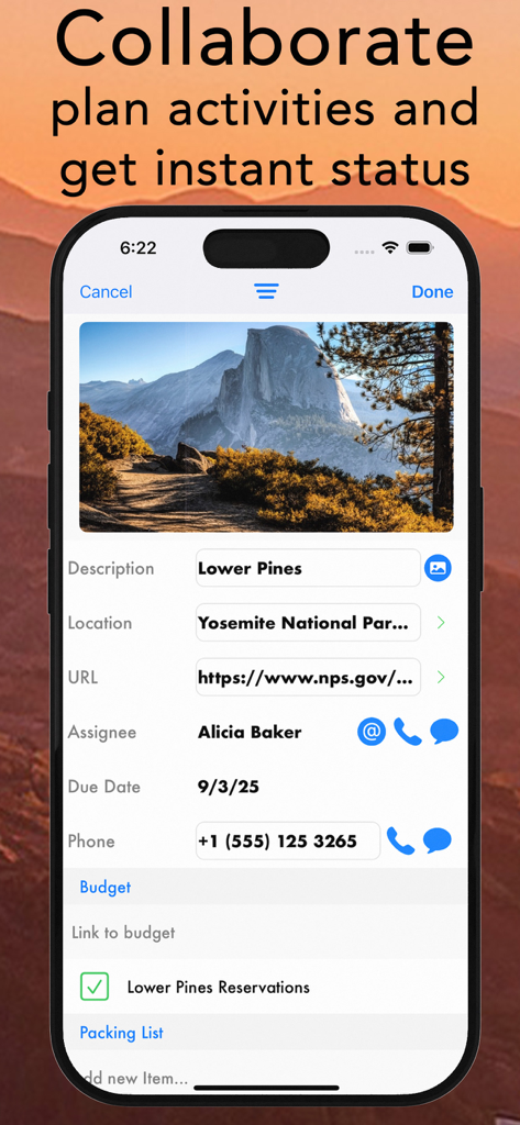 Interface of the Pro Camping Planner app showing activity details for Yosemite National Park including task assignment and contact information.