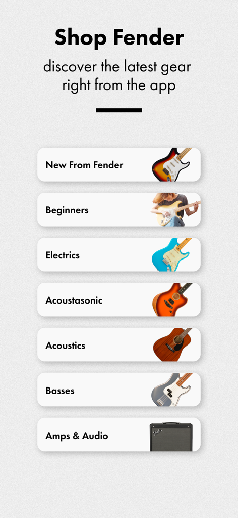 Fender Tune: Guitar Tuner App - Shop Fender interface showing gear categories like electric guitars, acoustics, and amps