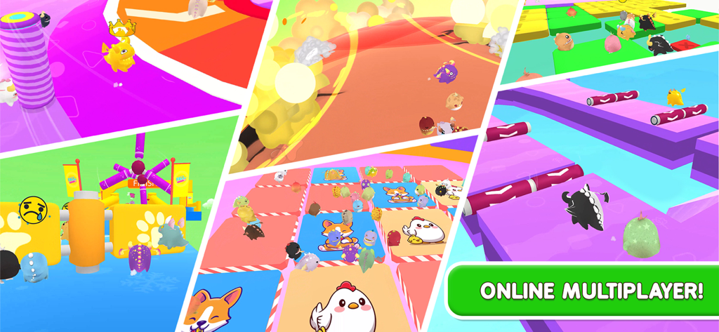 Fall.io - Race of Dino - Collage of colorful levels and dinosaur characters in Fall.io online multiplayer