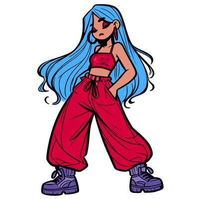 girl in baggy pants crop top and long hair