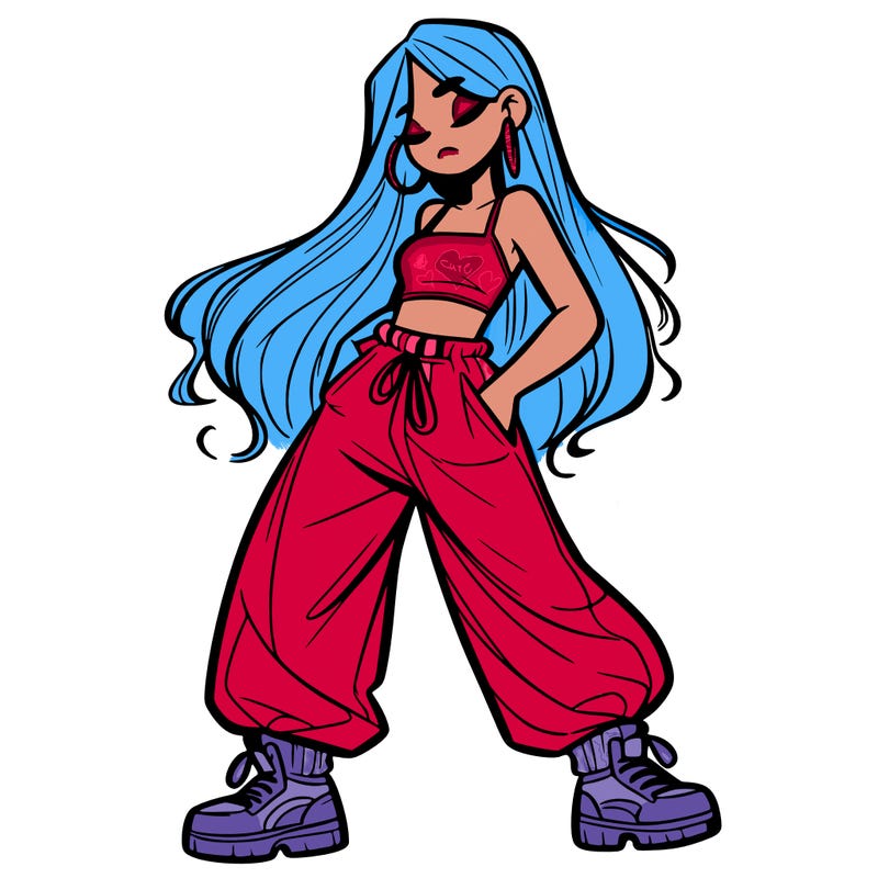 girl in baggy pants crop top and long hair