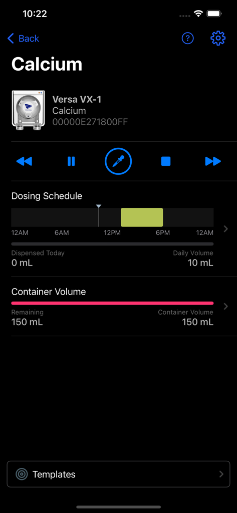 Mobius - Interface do aplicativo Mobius mostrando o cronograma de dosagem de cálcio e o monitoramento do volume do recipiente para uma bomba Versa VX-1