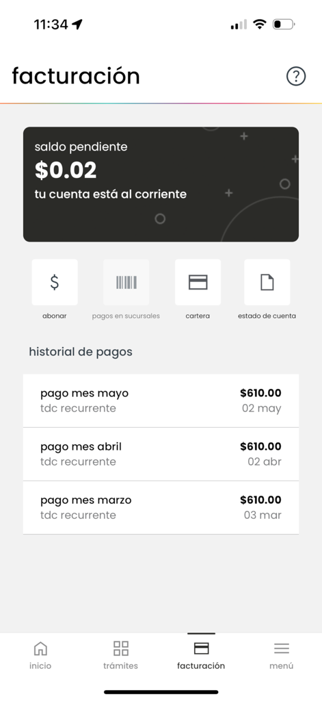 izzi - Billing section of the izzi app showing pending balance and payment history