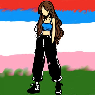 girl in baggy pants crop top and long hair