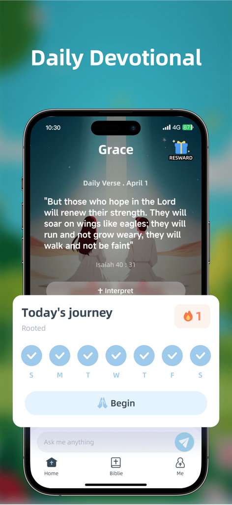 Grace: Bible Chat - Pantalla de Devocional Diario de la aplicación Grace Bible Chat que muestra un versículo diario de Isaías 40:31 y un rastreador de progreso de viaje semanal.