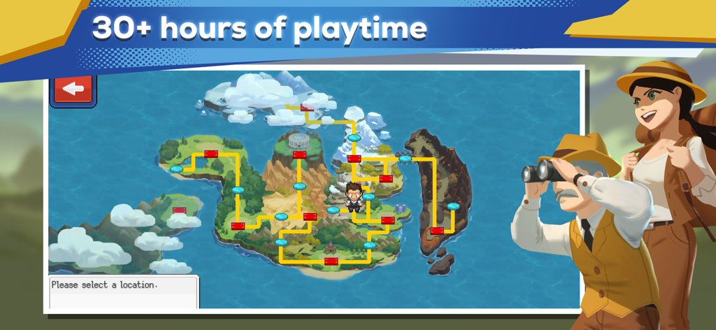 EvoCreo 2 Weltkarte mit verschiedenen Biomen und einem Banner mit über 30 Stunden Spielzeit