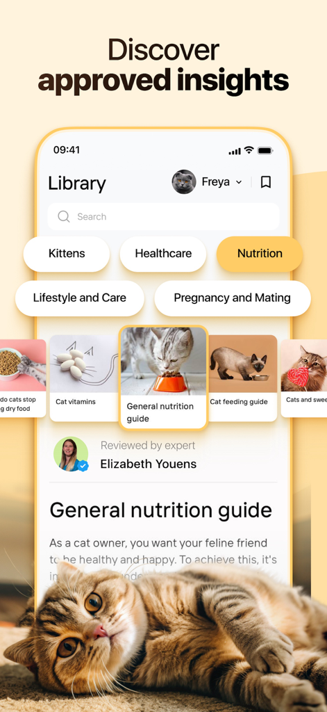 Dosty app library interface showing expert-reviewed cat nutrition guides and pet health categories