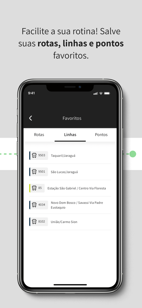 Screenshot of Bus2 app favorites screen displaying a list of saved bus lines