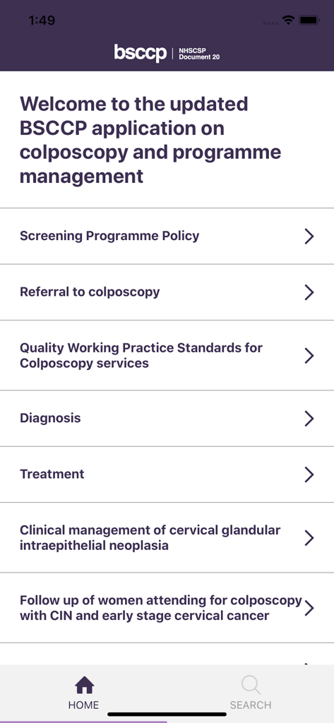 Home screen of the BSCCP colposcopy guide app showing clinical protocols and management categories