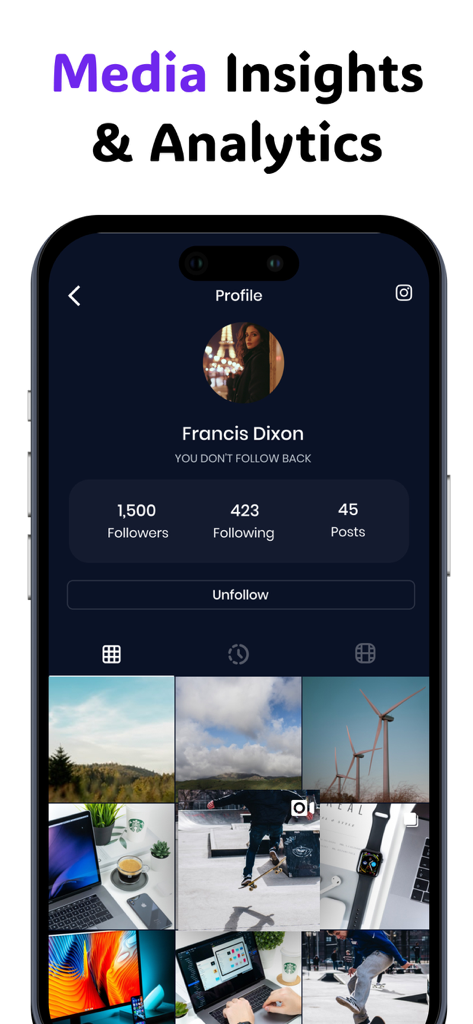 Profile Tracker:Who Unfollowed - A smartphone screen displaying social media profile analytics and a photo grid for Instagram tracking.