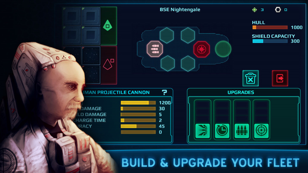 Pantalla de personalización y mejora de naves en Battlevoid Harbinger con interfaz táctica y opciones de construcción de flota.