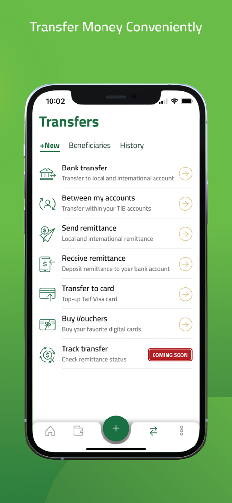 TIB Online - TIB Online mobile app interface displaying money transfer and remittance options
