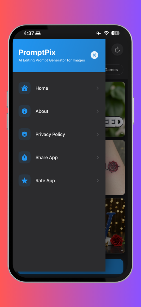 PromptPix -AI Prompt Generator - PromptPix AIプロンプトジェネレーターアプリのサイドバーメニュー、ホーム、アバウト、設定オプションが表示されています