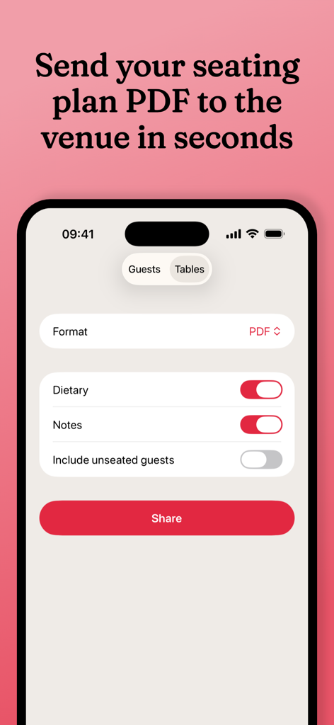The export screen of the Wedding Seating Planner app showing PDF sharing options and guest dietary notes.