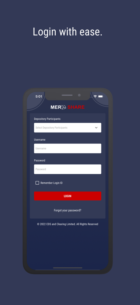 Interface de connexion de l'application mobile MeroShare montrant la sélection du participant dépositaire et les champs d'identification
