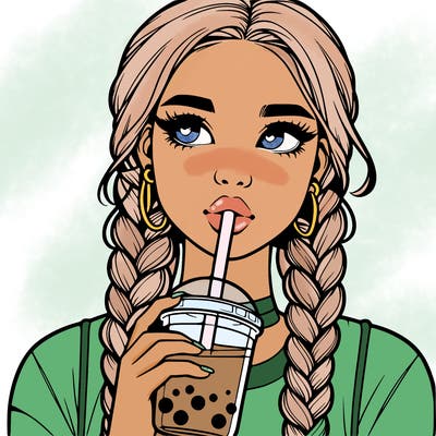realistic girl with braided hair drinking boba