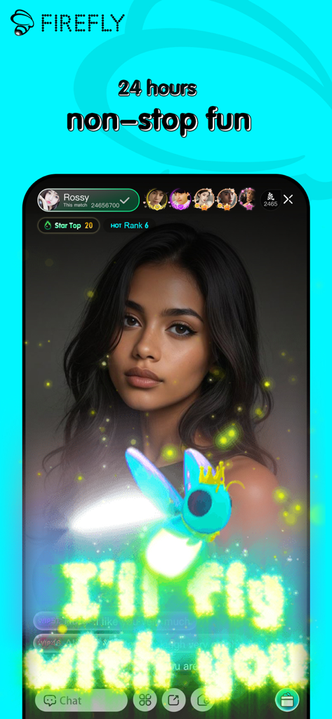 Screenshot of Firefly Live app featuring a female host with animated fireflies and virtual gift effects.