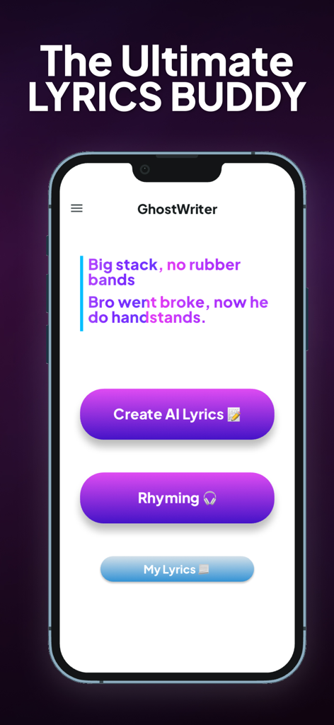Ghost Writer: Song Writing App - Mobile interface of the Ghost Writer app showing AI lyric generation and rhyming tools with a sample rap verse.