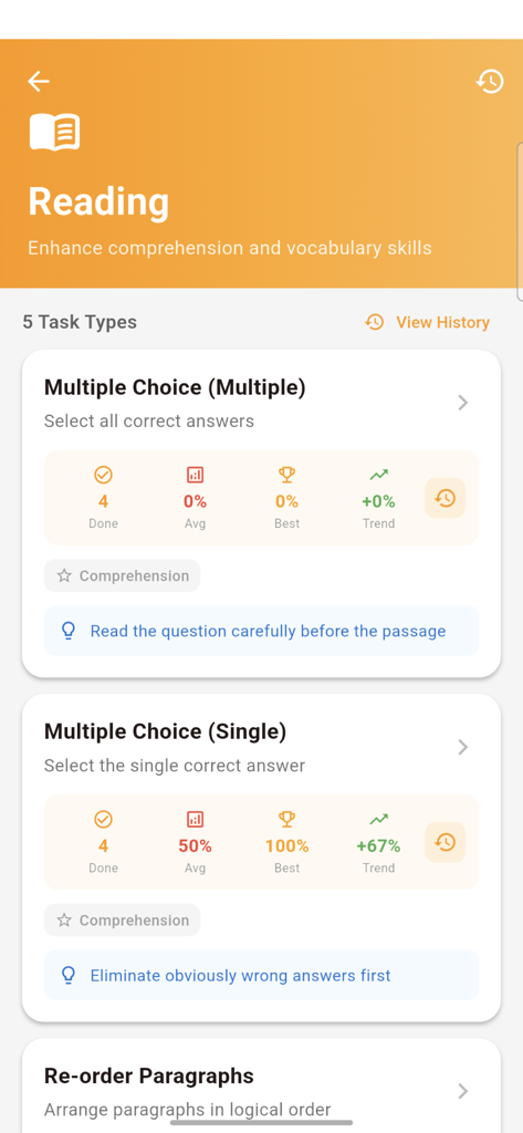 PTE Core 2026 Mock Exam - PTE Core reading practice screen showing task types and performance statistics