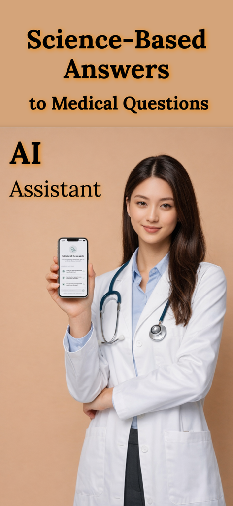 Dr Atlas AI Chat with Evidence - Female doctor holding a smartphone with the Dr Atlas AI assistant for science-based medical answers