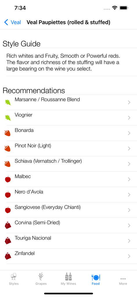 Recomendaciones de maridaje de vino para Paupiettes de Ternera en la aplicación Maridaje de Vino de Bolsillo.