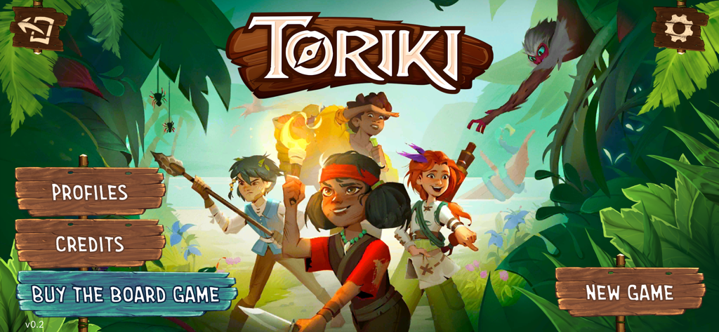 Main menu of the Toriki board game companion app featuring four young adventurers in a tropical jungle setting