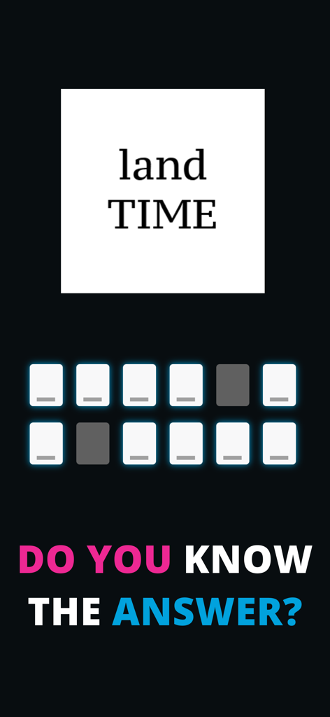 Crack The Code - Brain Teasers - A rebus brain teaser showing the word land positioned over the word TIME with letter slots for the answer.