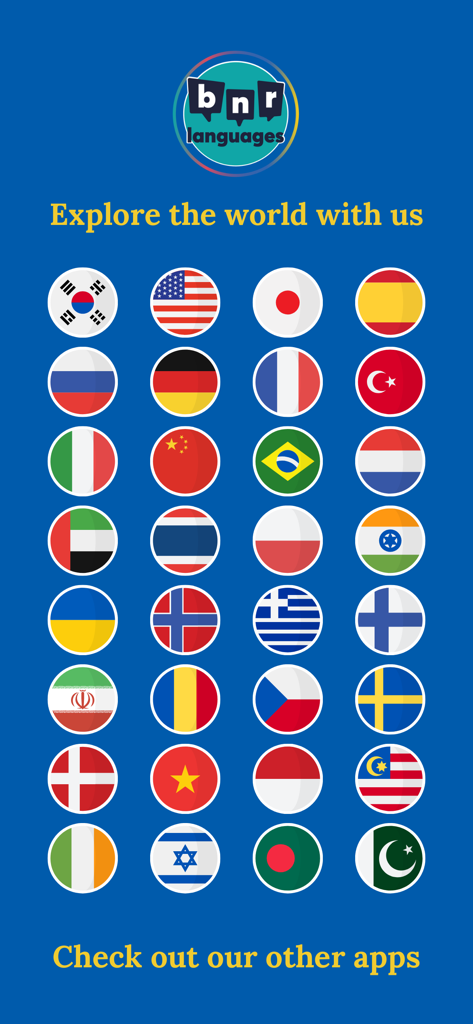 Learn Swedish (Beginners) - Una cuadrícula de varios iconos de banderas nacionales que representan diferentes aplicaciones de aprendizaje de idiomas disponibles de BNR Languages.