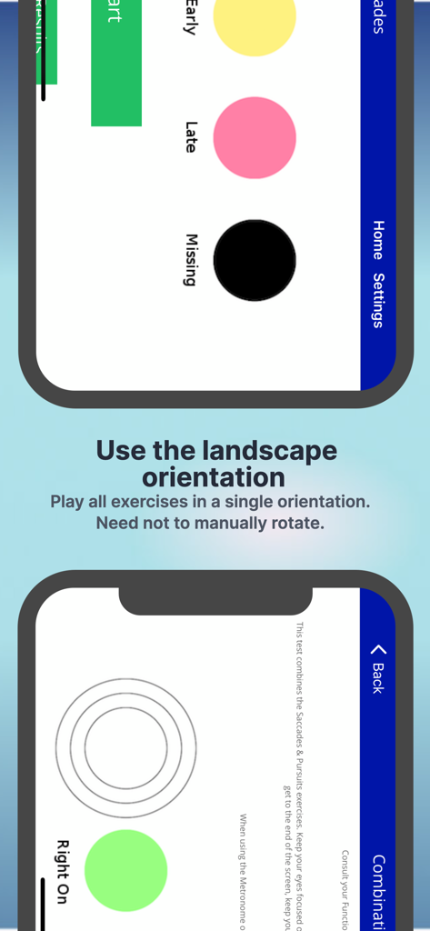 Focus Builder app interface in landscape orientation showing neurological eye tracking exercises
