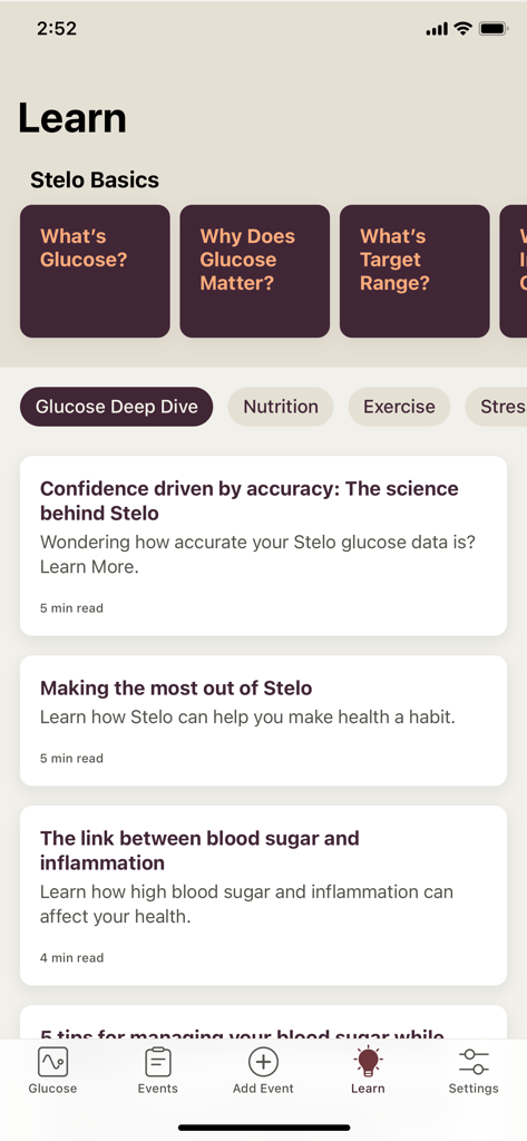 Stelo by Dexcom - Lehrartikel und Glukose-Grundlagen auf dem Lernbildschirm der Stelo by Dexcom App