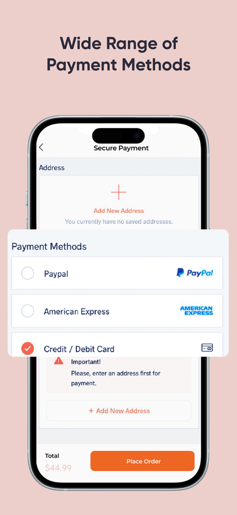 Schermata di pagamento sicuro dell'app Modanisa che mostra opzioni per Paypal, American Express e carte di credito