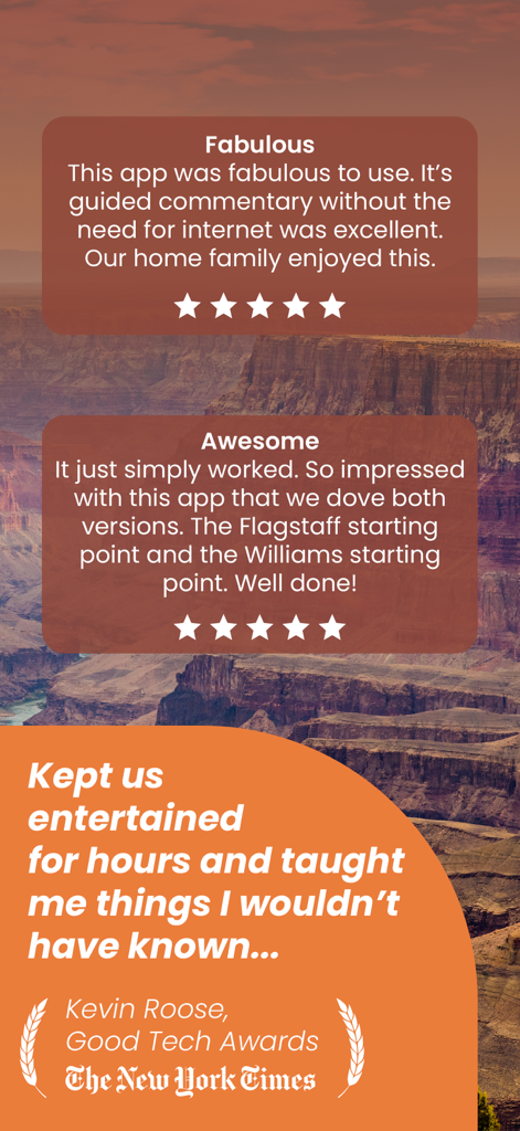 User reviews and New York Times testimonial for the Grand Canyon South GyPSy Guide app.